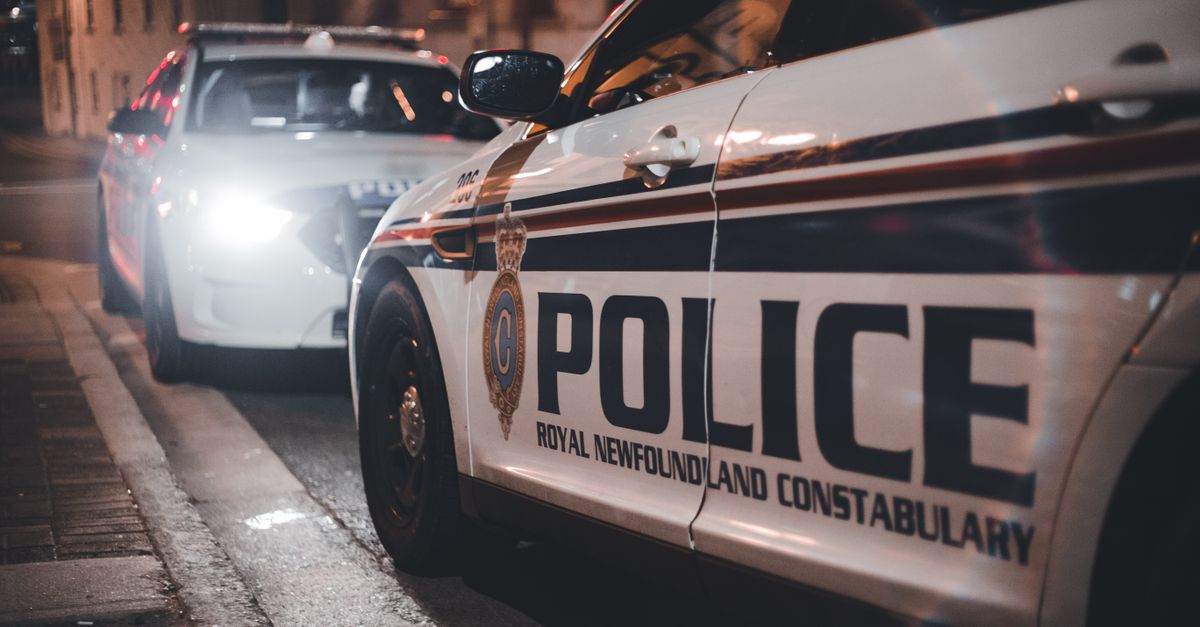Close-up of Royal Newfoundland Constabulary police cars parked on a street at night.